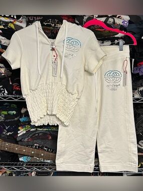 Y2K ECKO RED women's deadstock white rhinestone 2pc track suit, XS.
